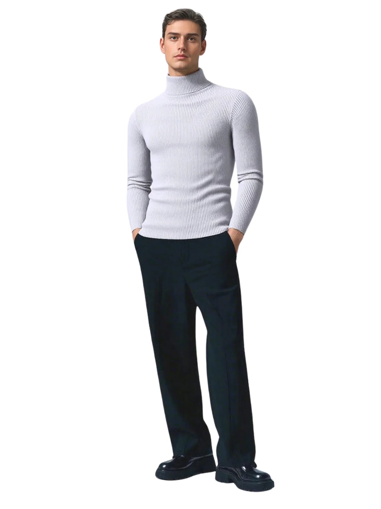 Man wearing a light gray turtleneck sweater on a white background