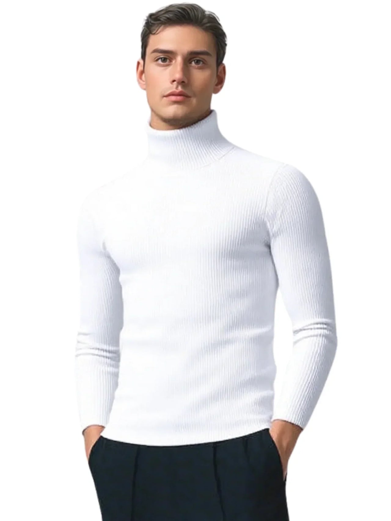 Man wearing a white turtleneck sweater against a white background