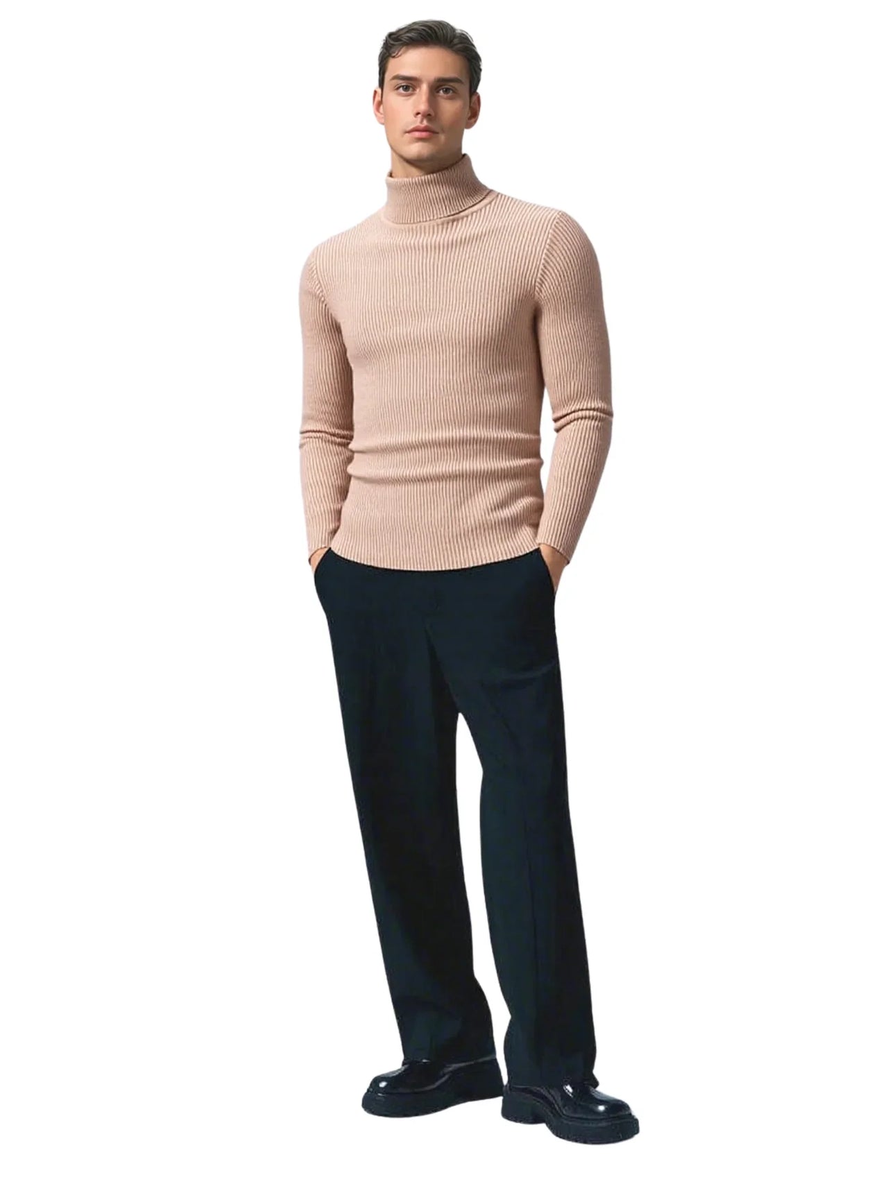 Man wearing a khaki turtleneck sweater and black pants on a white background