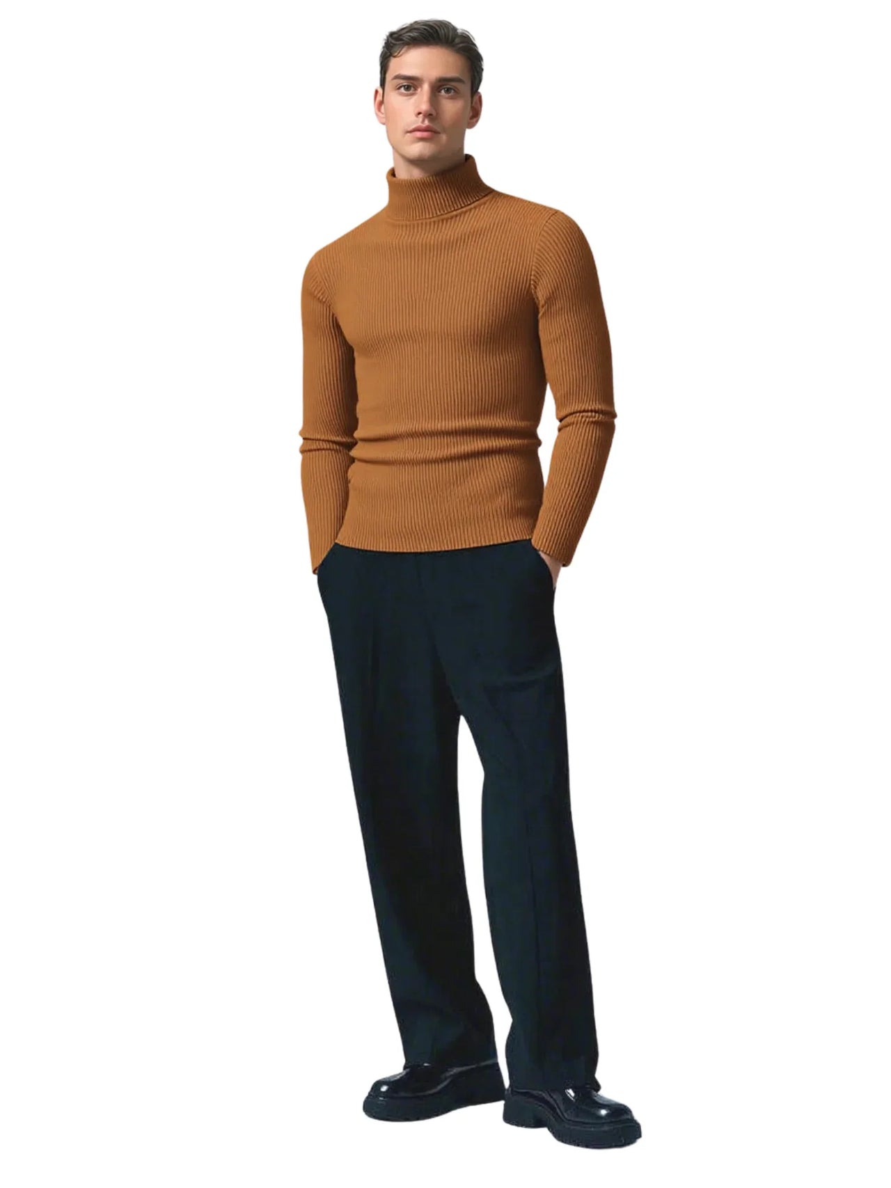 man wearing a brown turtleneck sweater on a white background