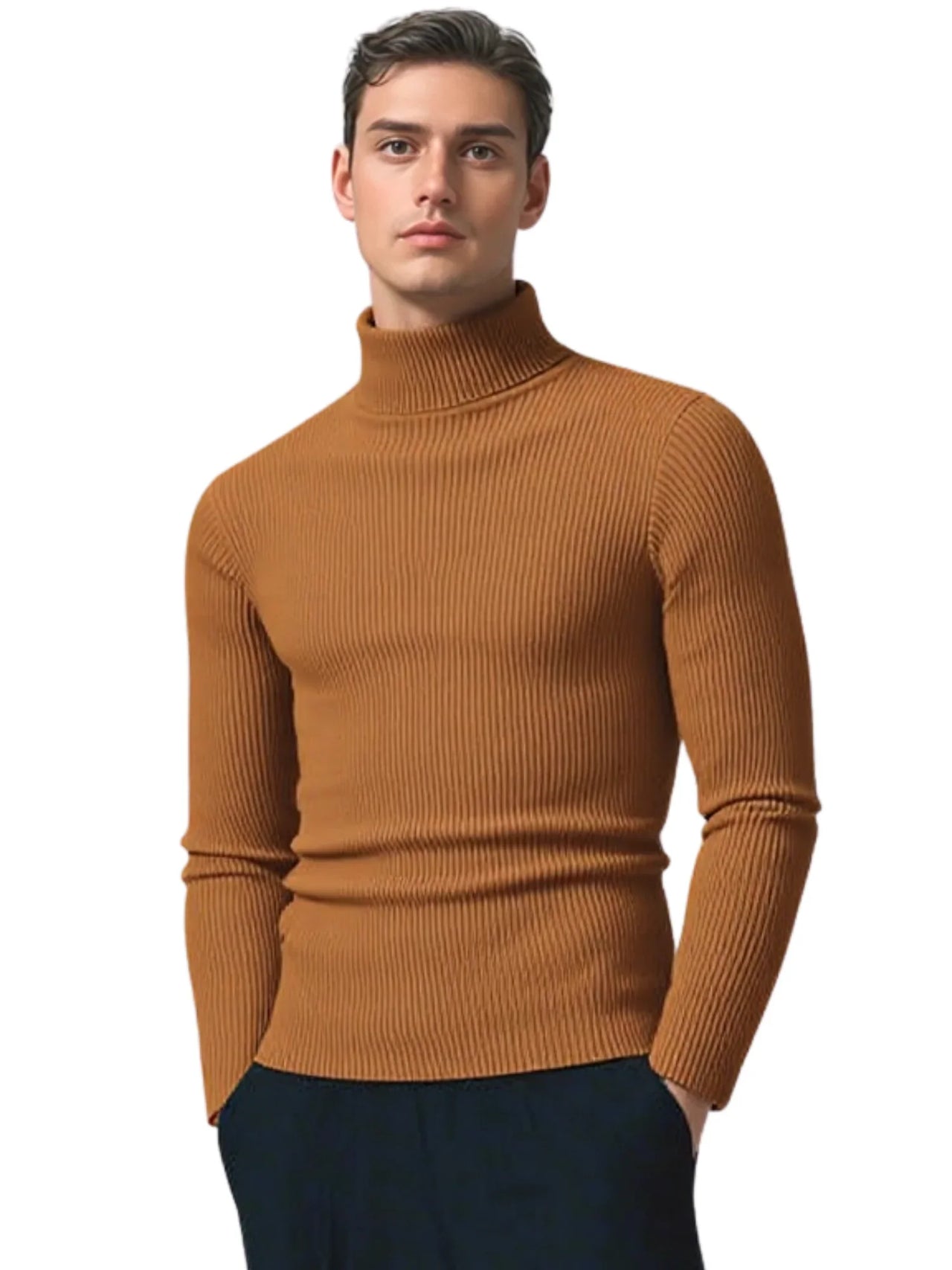 man wearing a brown turtleneck sweater on a white background