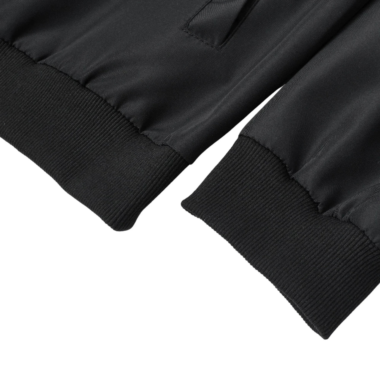 Close-up of black bomber jacket cuffs on a white background