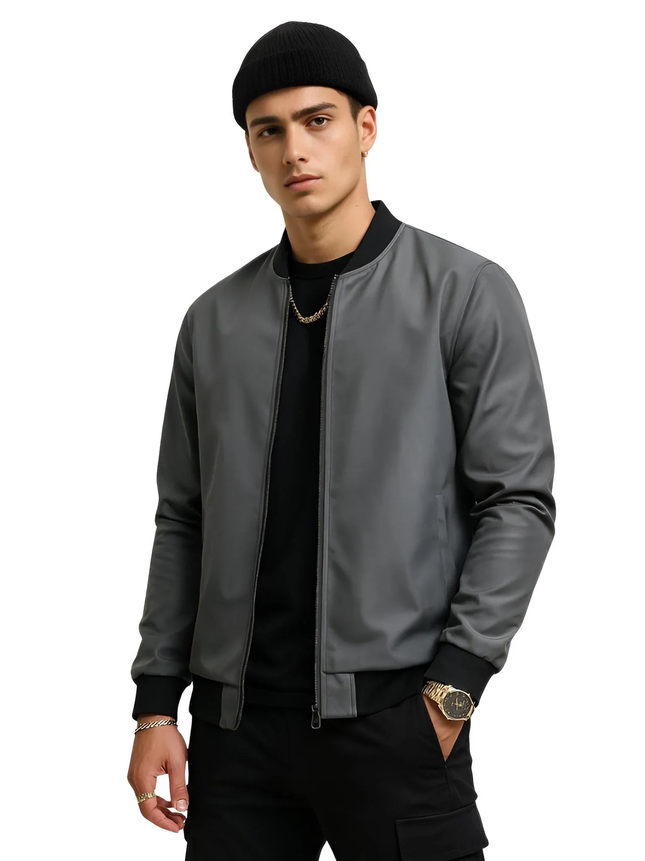 Man wearing a gray bomber jacket and black beanie on a white background
