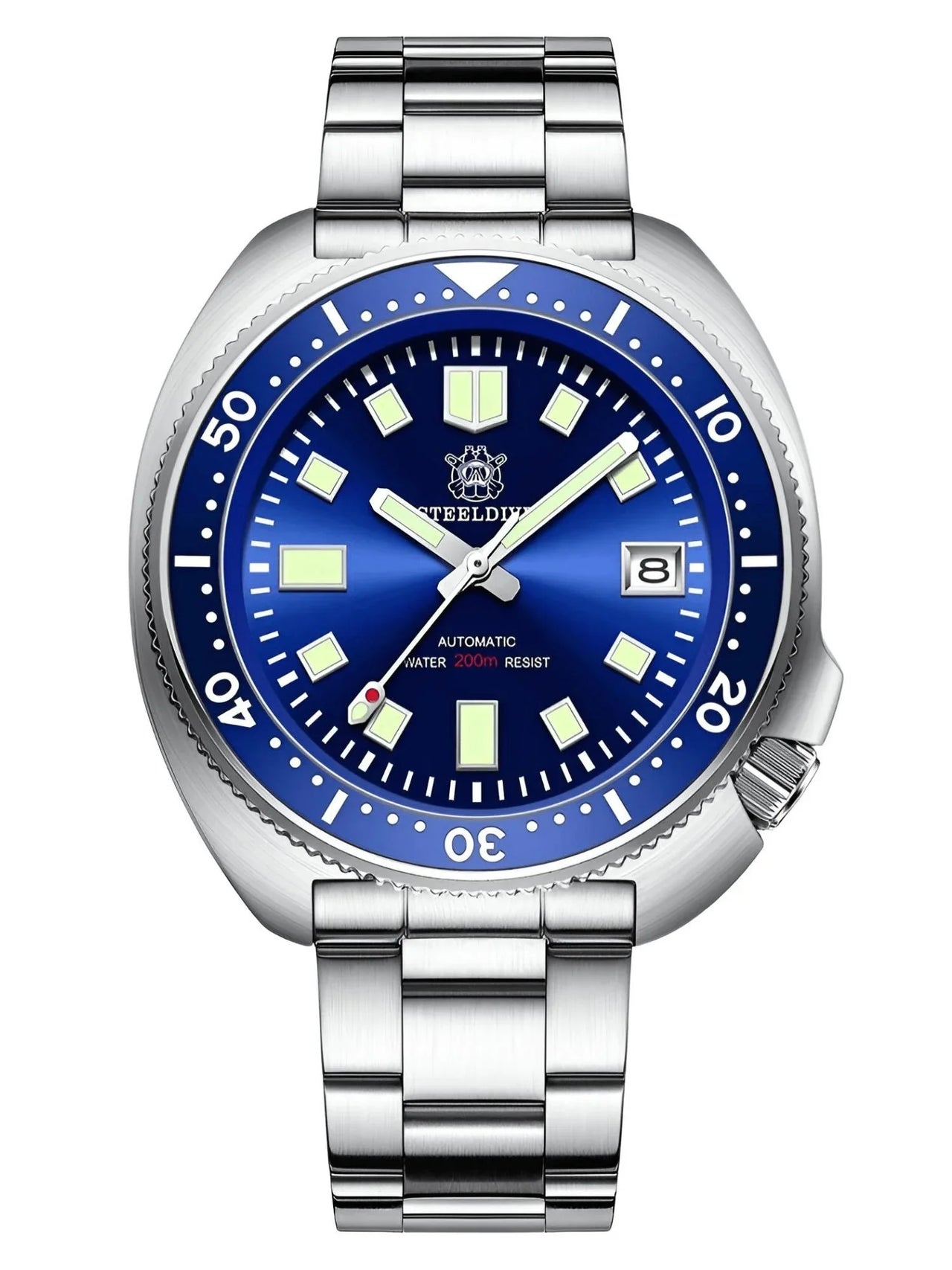 Men's Turtle Silver watch with a blue dial on a white background