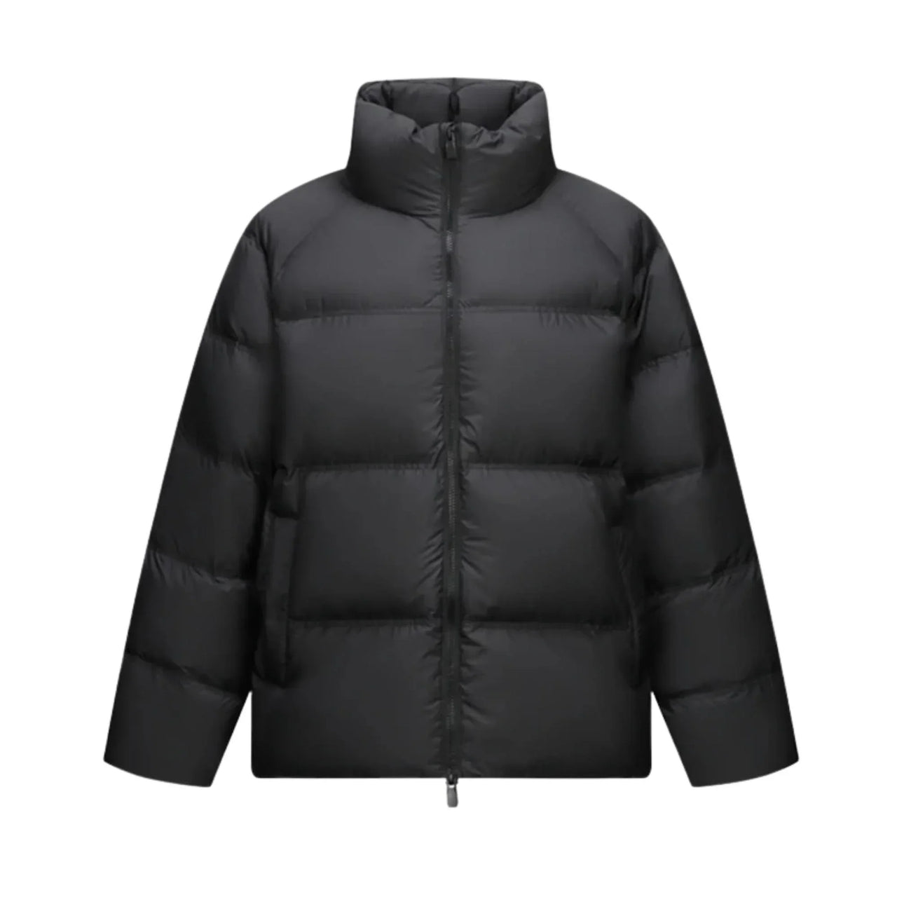 Men's black puffer jacket on a white background