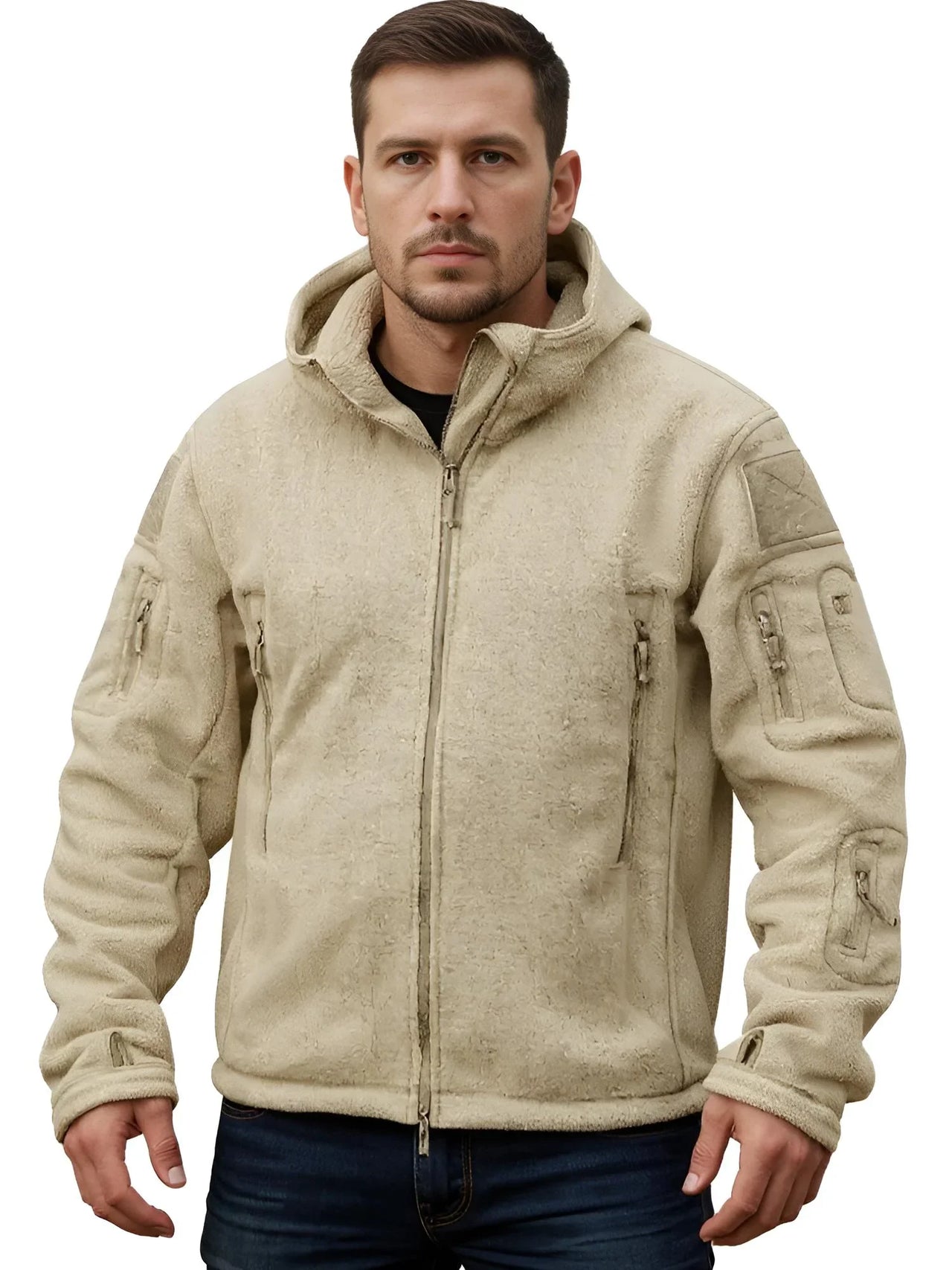 Man wearing a khaki tactical jacket on a white background