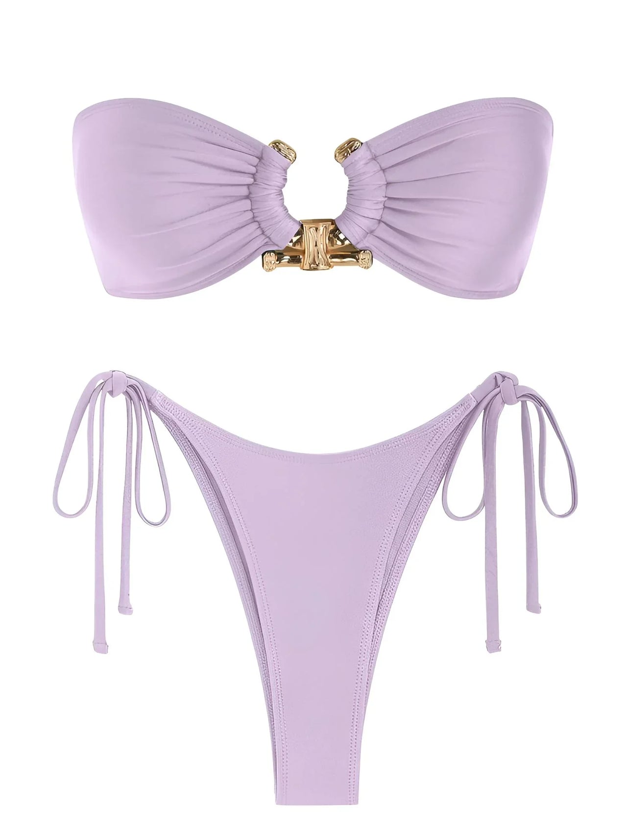 Lavender bikini set with gold accents on a white background