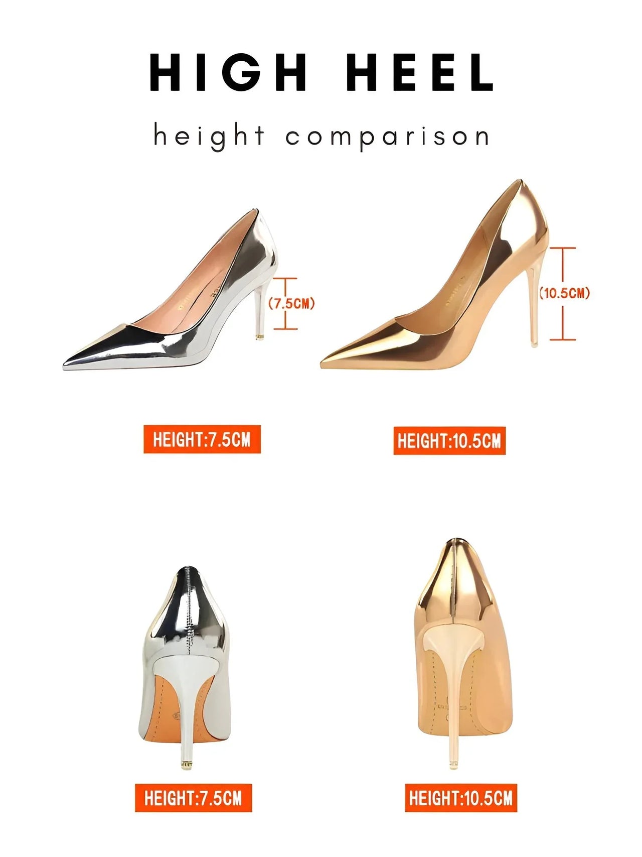 Comparison of high heel heights with measurements on a white background