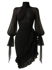 Thumbnail for Modern Custom Short Evening Dress Chiffon Full Sleeve High Collar Cocktail Dress Pleated Birthday Party Gowns Custom