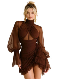 Thumbnail for Woman wearing a brown mini cocktail dress with sheer sleeves on a white background