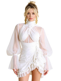 Thumbnail for Modern Custom Short Evening Dress Chiffon Full Sleeve High Collar Cocktail Dress Pleated Birthday Party Gowns Custom