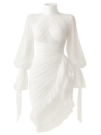 Thumbnail for Modern Custom Short Evening Dress Chiffon Full Sleeve High Collar Cocktail Dress Pleated Birthday Party Gowns Custom