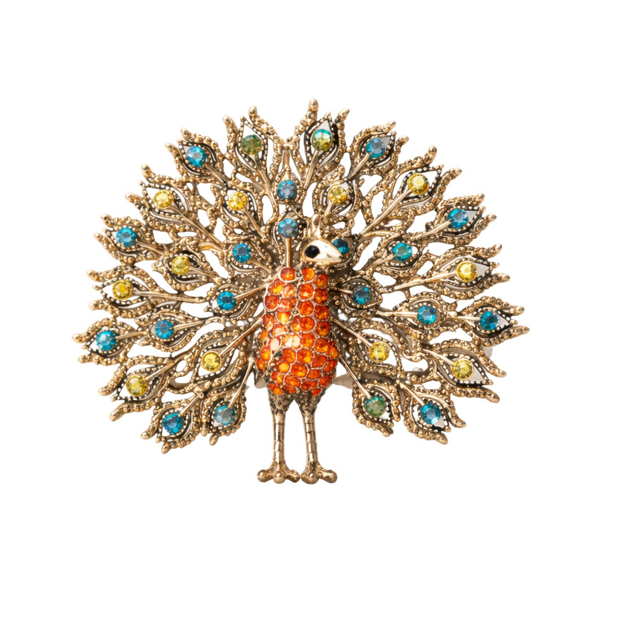 Peacock brooch with colorful gemstones on a white background
