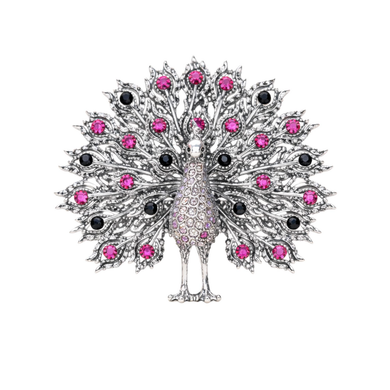 Decorative peacock brooch with pink and black gemstones on a white background