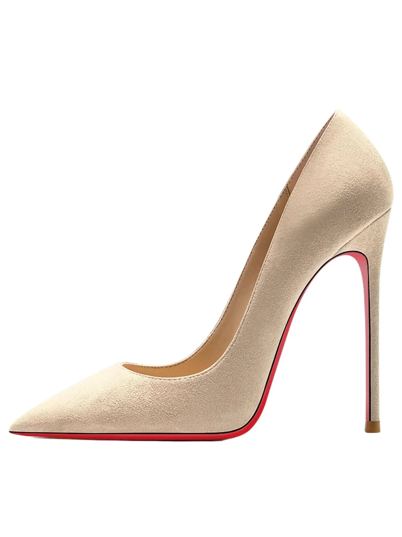 Nude high-heeled shoe with red sole on a white background