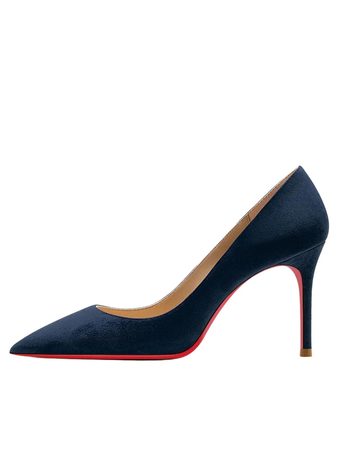 Navy blue high-heeled shoe with a red sole on a white background
