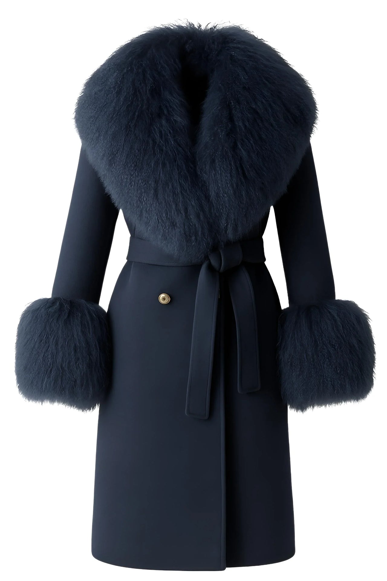 Navy blue wool coat with fur trim on a white background
