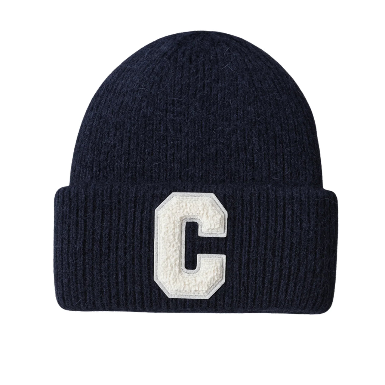 Navy blue beanie with a white 'C' logo on a white background
