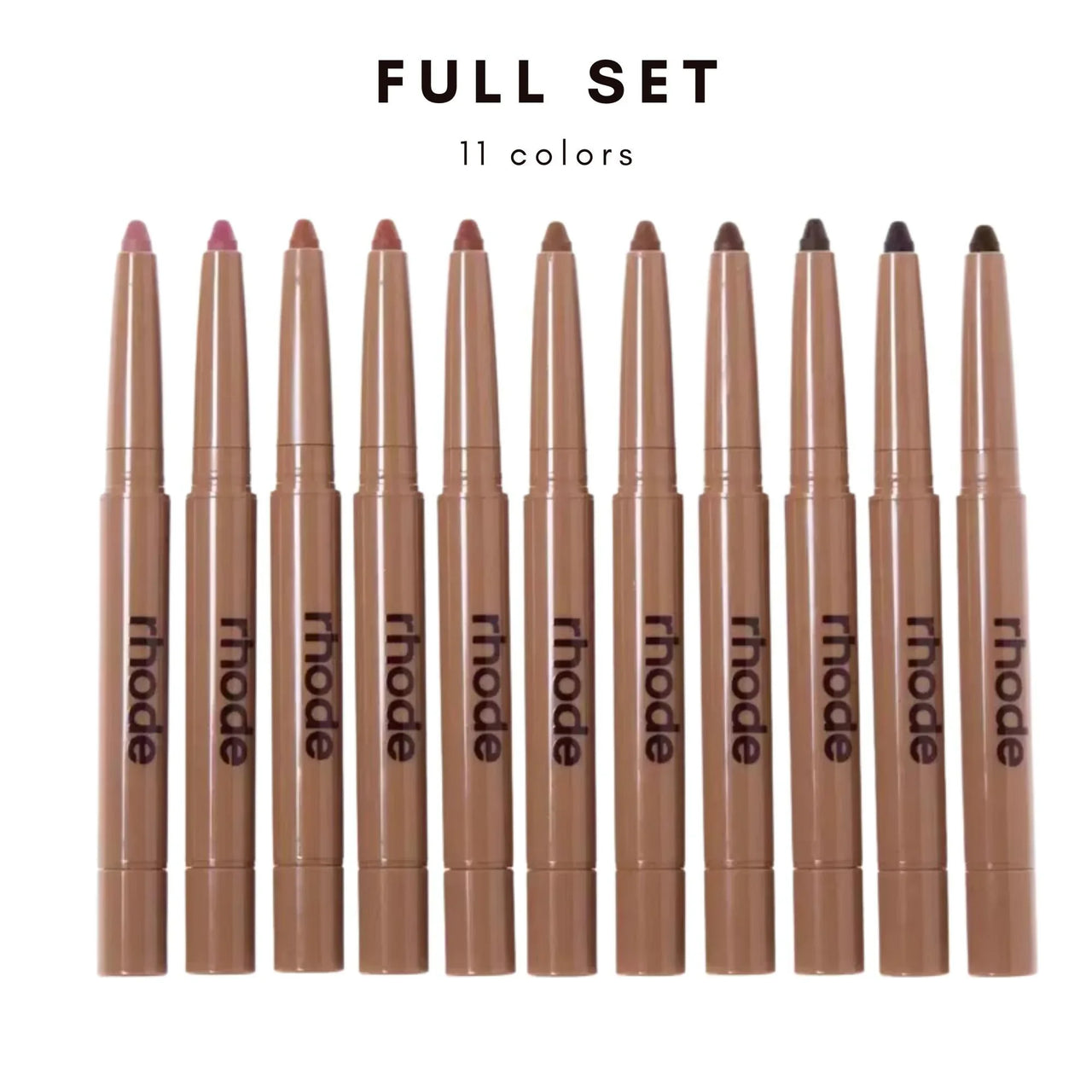 Set of Rhode lip liner pencils in various shades on a white background