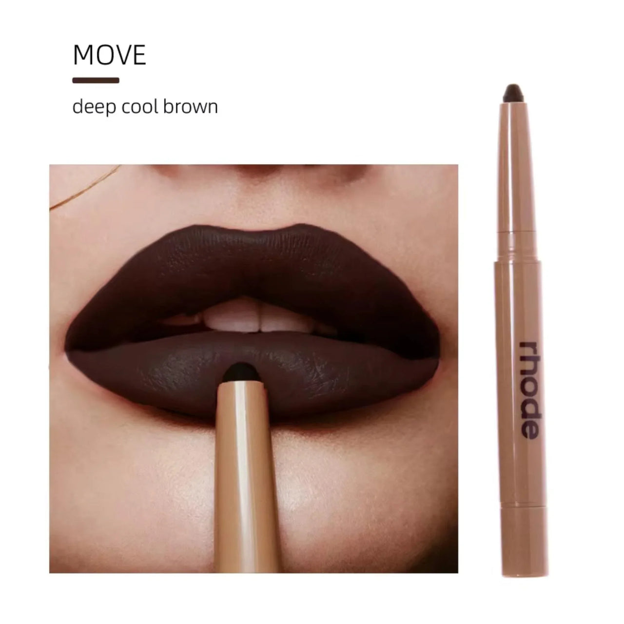 Lipstick with applicator on lips and product name 'Move' displayed.