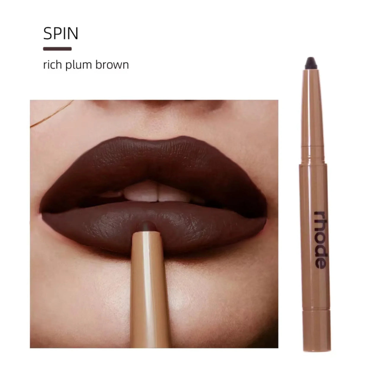 Lipstick with 'spin' shade labeled as rich plum brown, applied on lips.