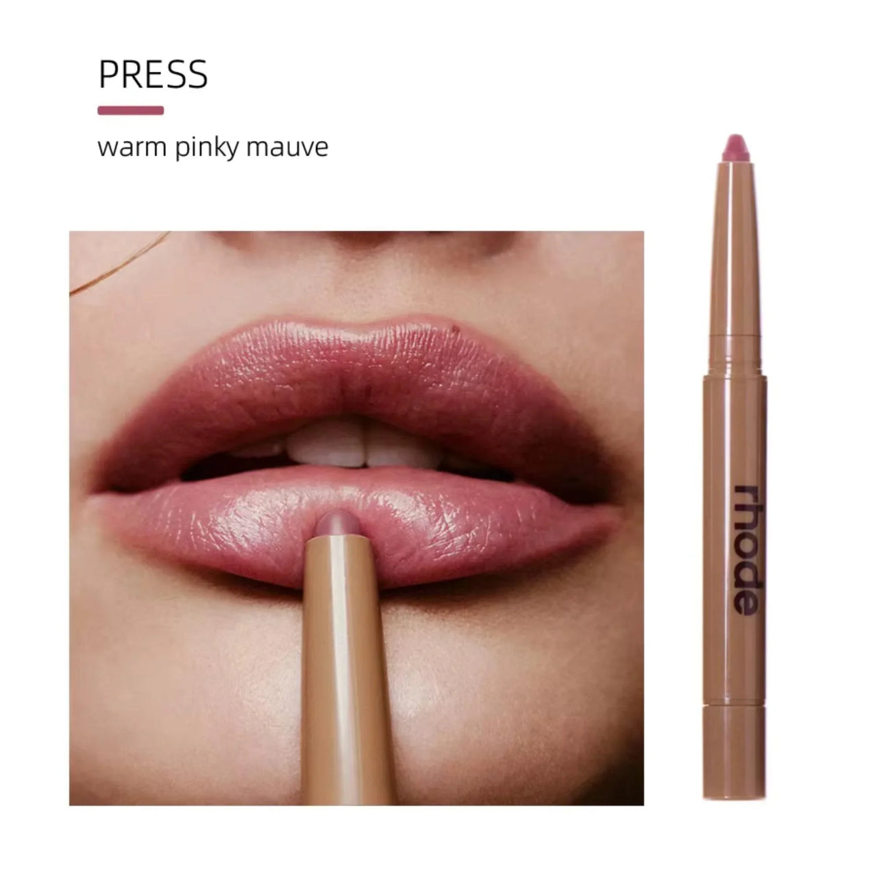 Lipstick with 'Press' shade applied to lips and product shown on a white background