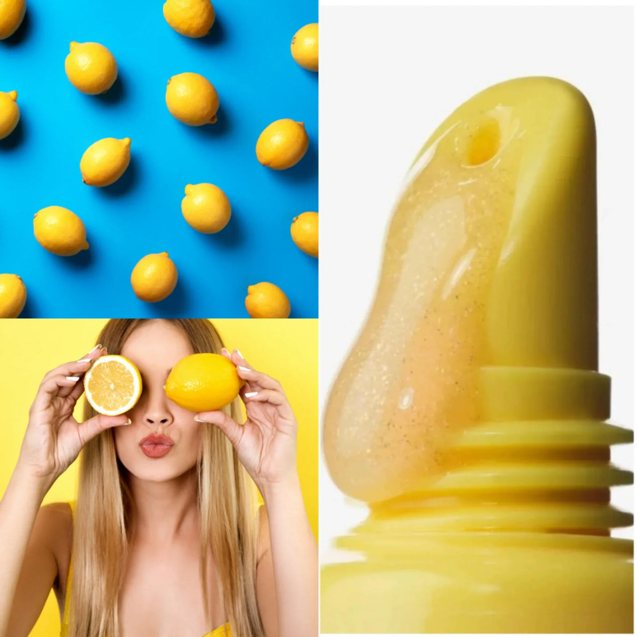 Collage of lemons on a blue background, a close-up of lemontini lipgloss, a woman holding lemons to her eyes.