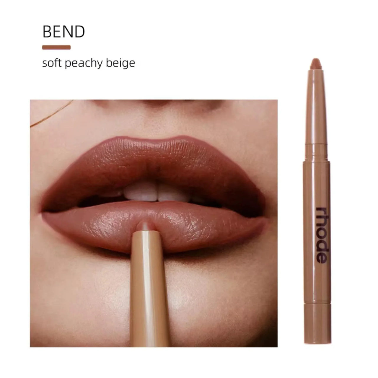Lipstick being applied to lips with 'rhode' brand visible, labeled 'Bend' soft peachy beige.