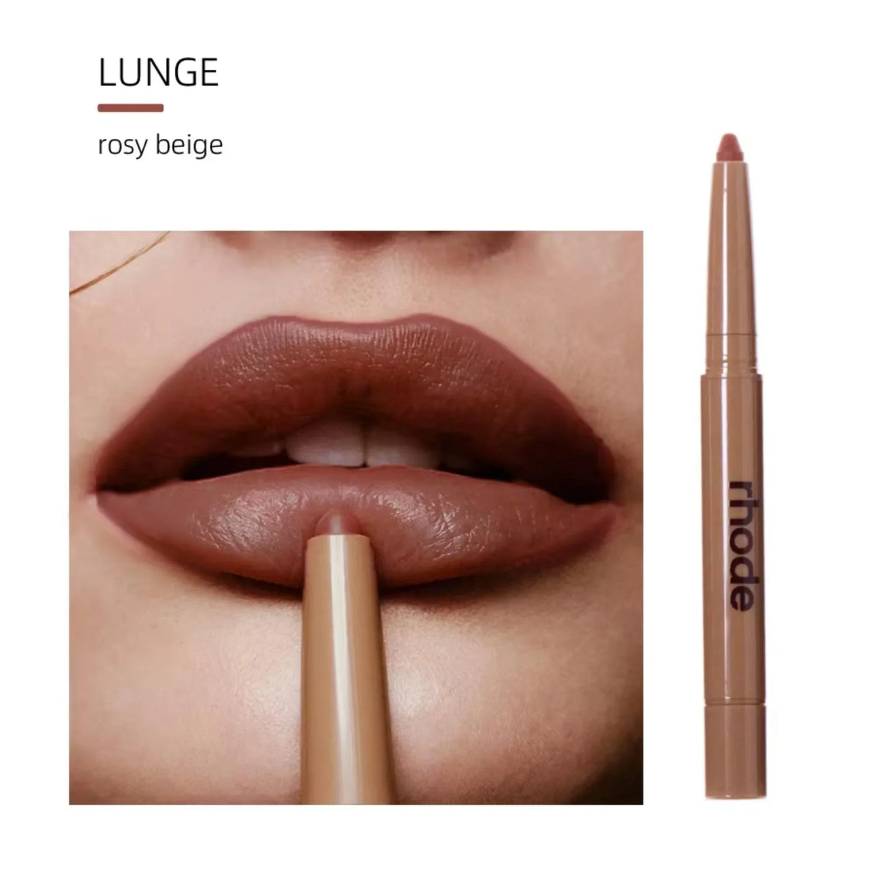 Lipstick pencil with 'rhode' branding applied to lips, showing color 'Lunge rosy beige'.