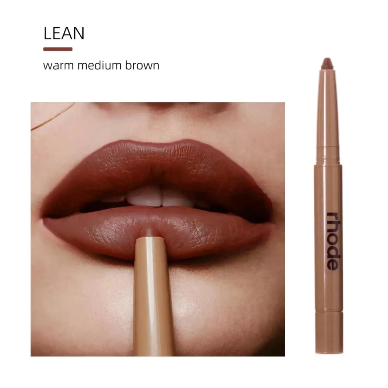Lipstick with 'rhode' branding applied to lips, showing color 'LEAN' described as warm medium brown.
