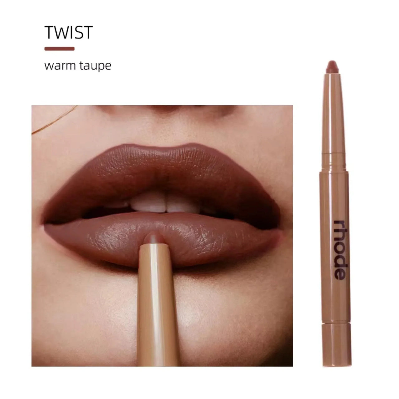 Lipstick with 'rhode' branding applied to lips, showing 'warm taupe' color.