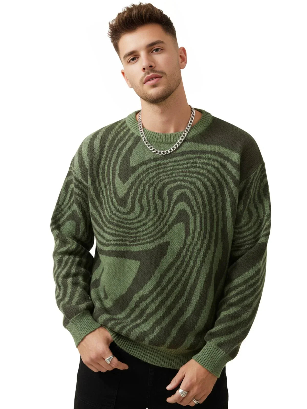 New Popular Maze Pattern Pullover Sweater Jacquard Casual Round Neck Contrast Color Knitted Men's Pullover Jumpers
