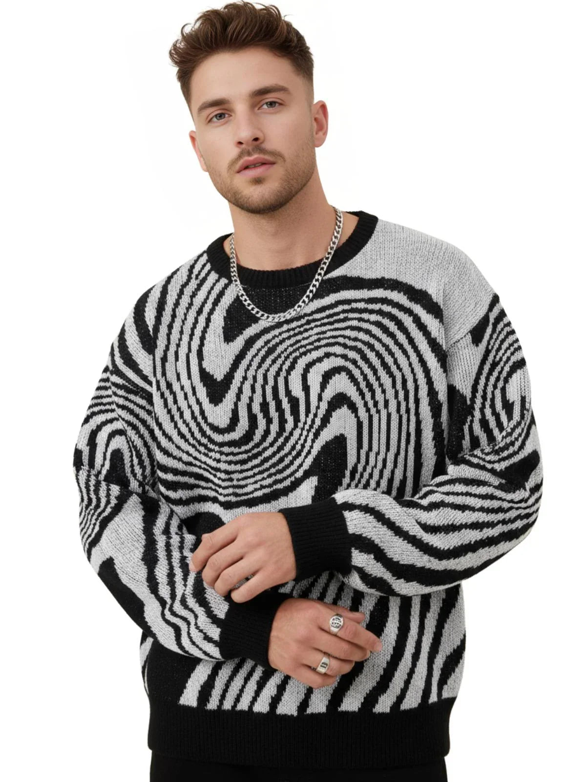 New Popular Maze Pattern Pullover Sweater Jacquard Casual Round Neck Contrast Color Knitted Men's Pullover Jumpers
