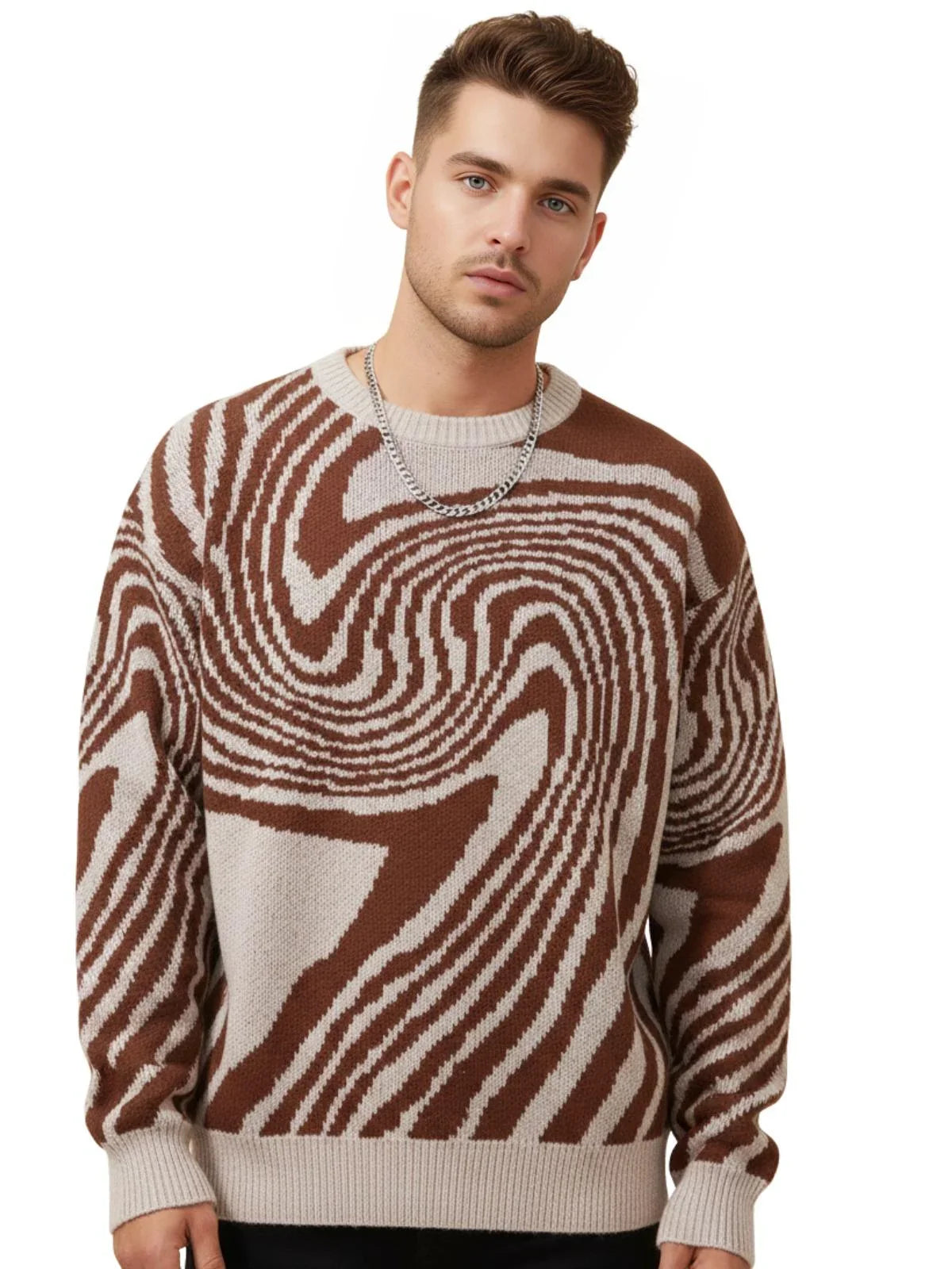 New Popular Maze Pattern Pullover Sweater Jacquard Casual Round Neck Contrast Color Knitted Men's Pullover Jumpers