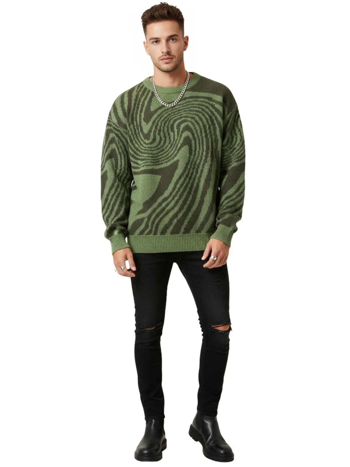 New Popular Maze Pattern Pullover Sweater Jacquard Casual Round Neck Contrast Color Knitted Men's Pullover Jumpers