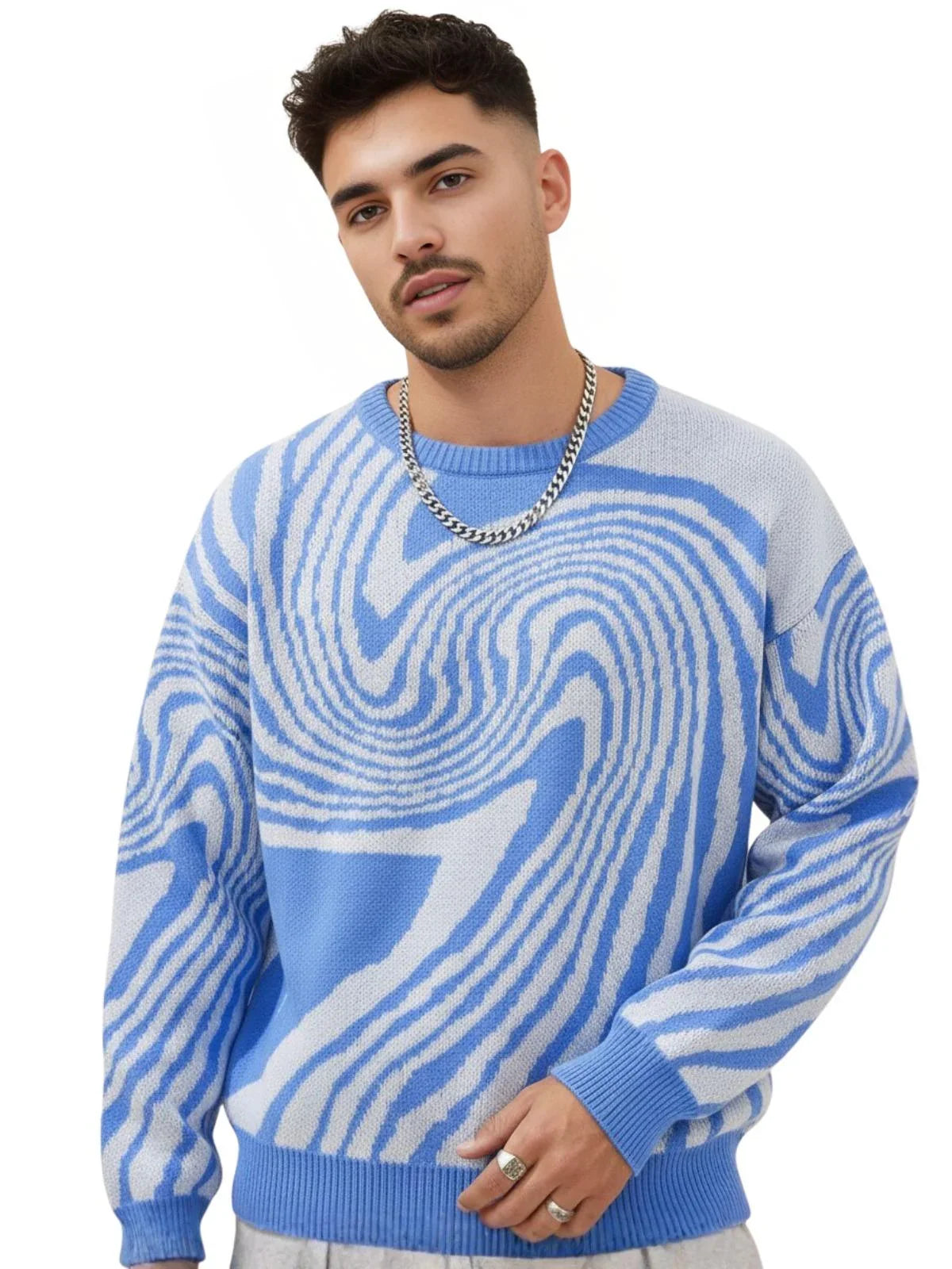 New Popular Maze Pattern Pullover Sweater Jacquard Casual Round Neck Contrast Color Knitted Men's Pullover Jumpers