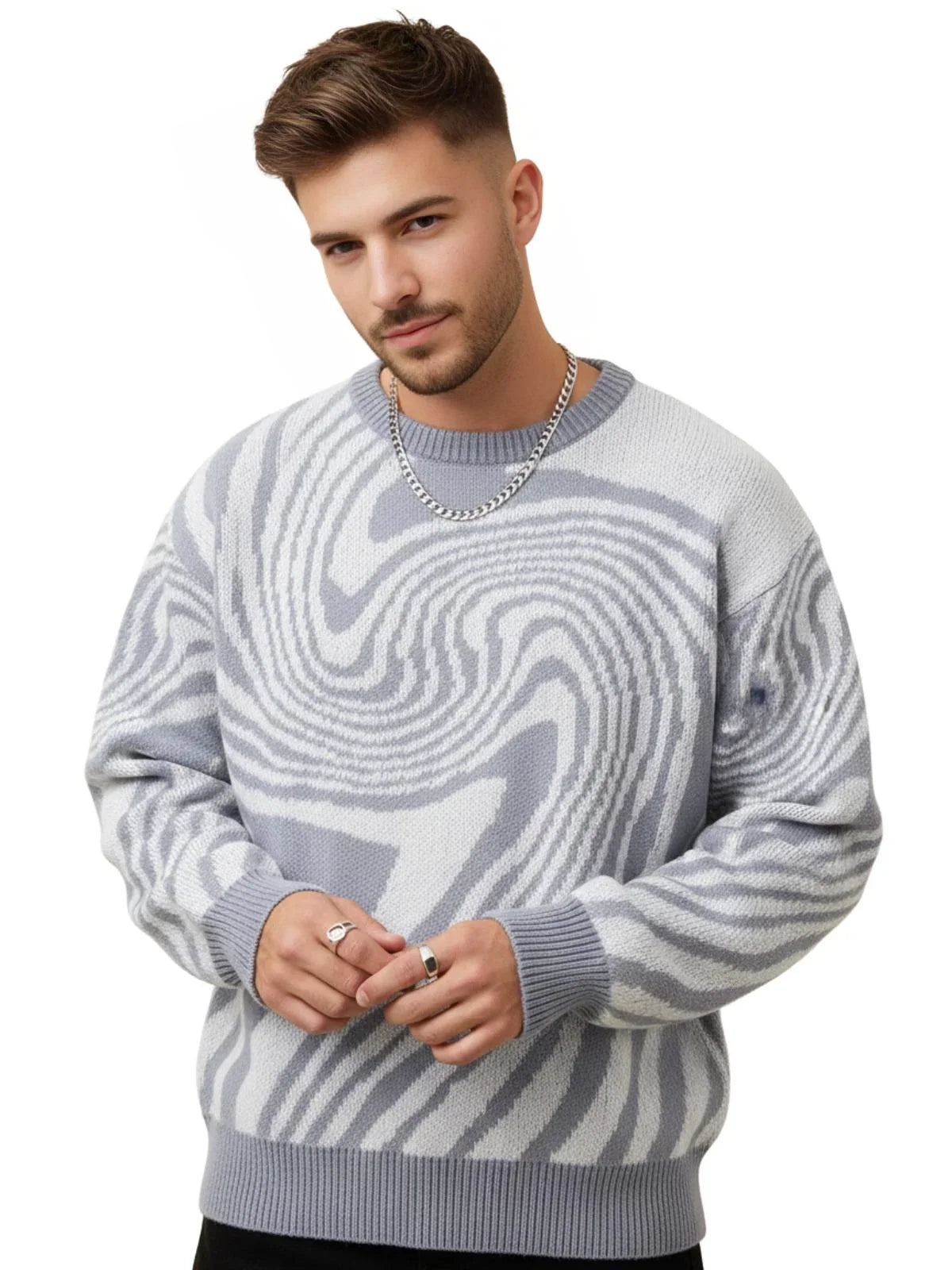 New Popular Maze Pattern Pullover Sweater Jacquard Casual Round Neck Contrast Color Knitted Men's Pullover Jumpers