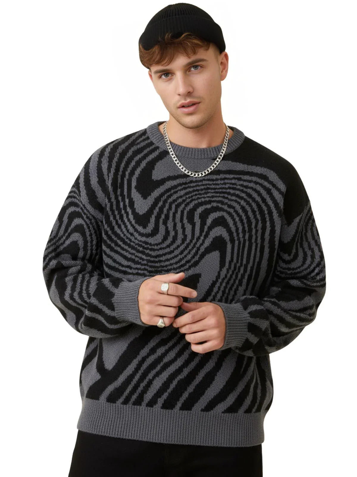 New Popular Maze Pattern Pullover Sweater Jacquard Casual Round Neck Contrast Color Knitted Men's Pullover Jumpers