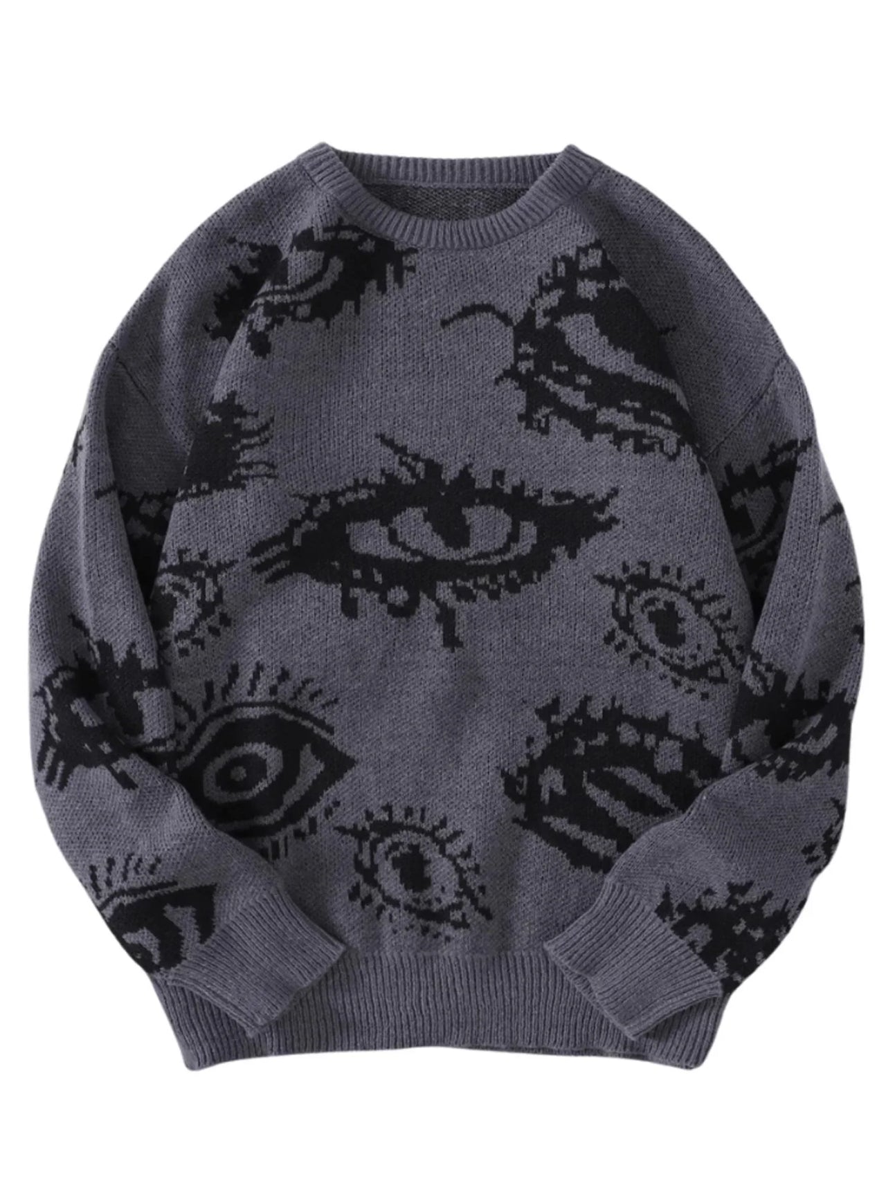 Gray sweater with black eye pattern on a white background