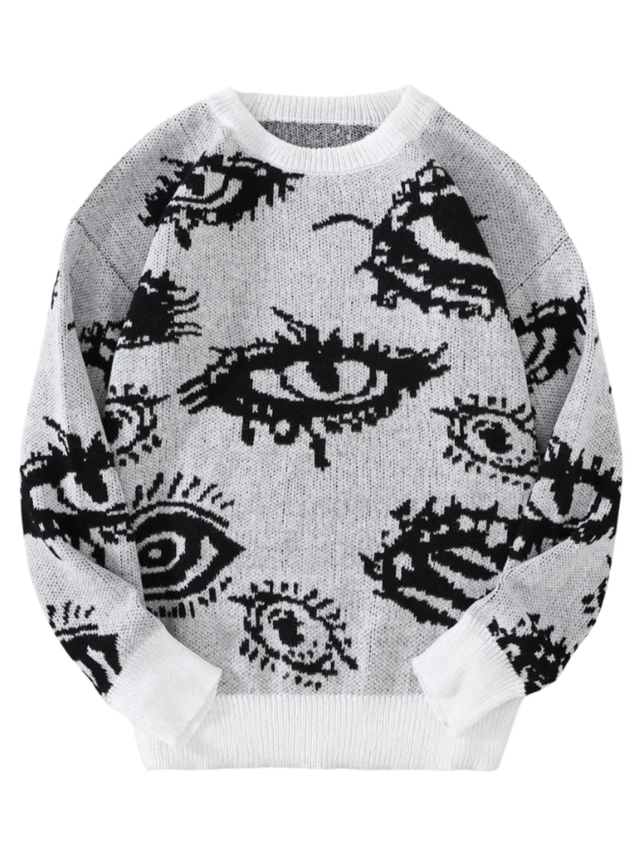 White sweater with black eye pattern on a white background