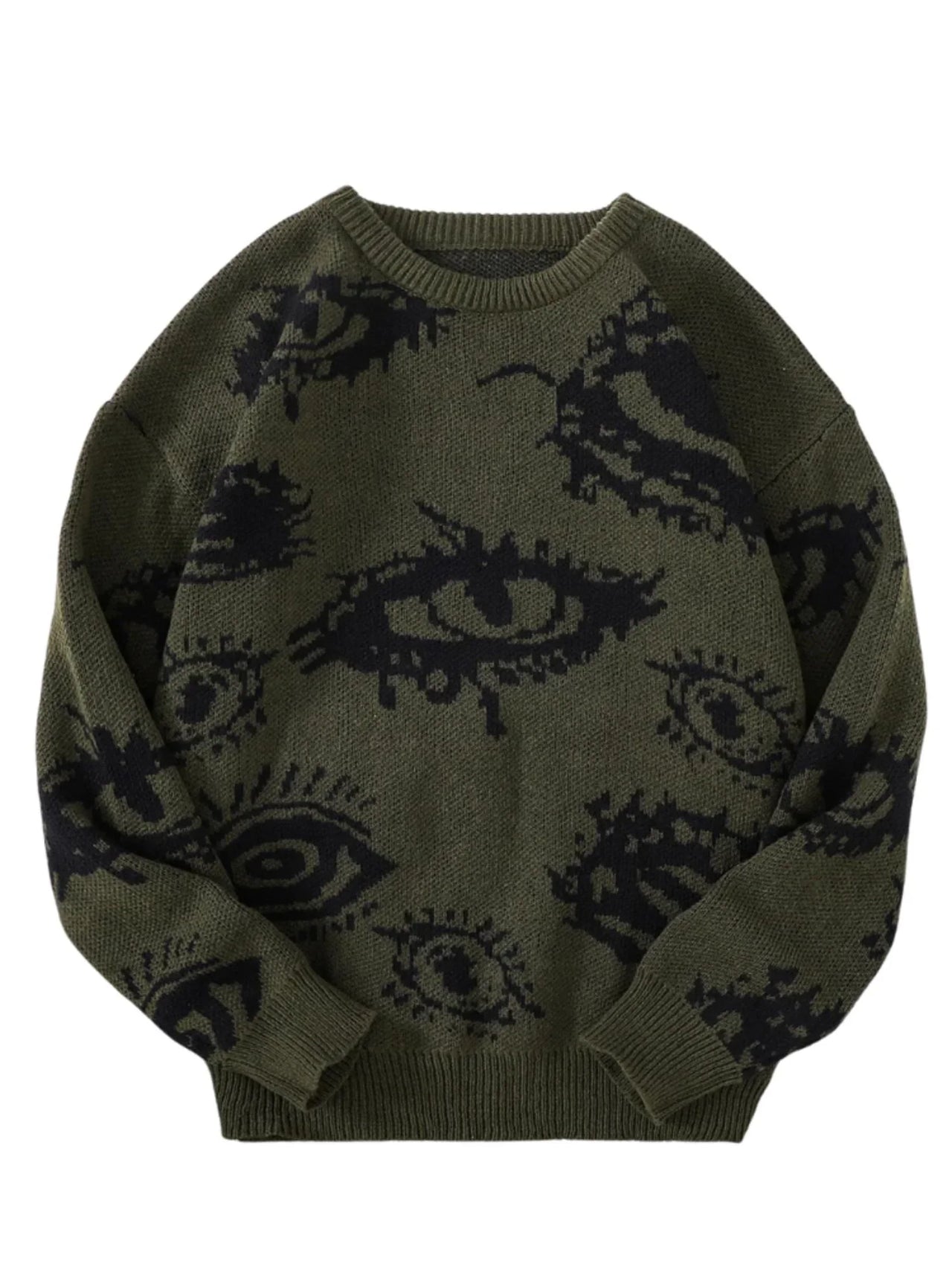 New Popular Men's Abstract Eye Pullover Jacquard Pattern Sweater Casual Round Neck Knitted Men's Pullover, Drestiny, Pullovers, Sweaters, Long Sleeve, S, M, L, XL, XXL, United States, USA, Canada, Australia, New Zealand, United Kingdom, UK, Green, Khaki, Blue, Black, Dark Red, Dark Grey, White, Men's Graphic Sweater, Men's Statement Sweater, abstract print sweater men, men's retro sweater, men's patterned knitwear, men's abstract print jumper, retro men's jumper, shopdrestiny.com