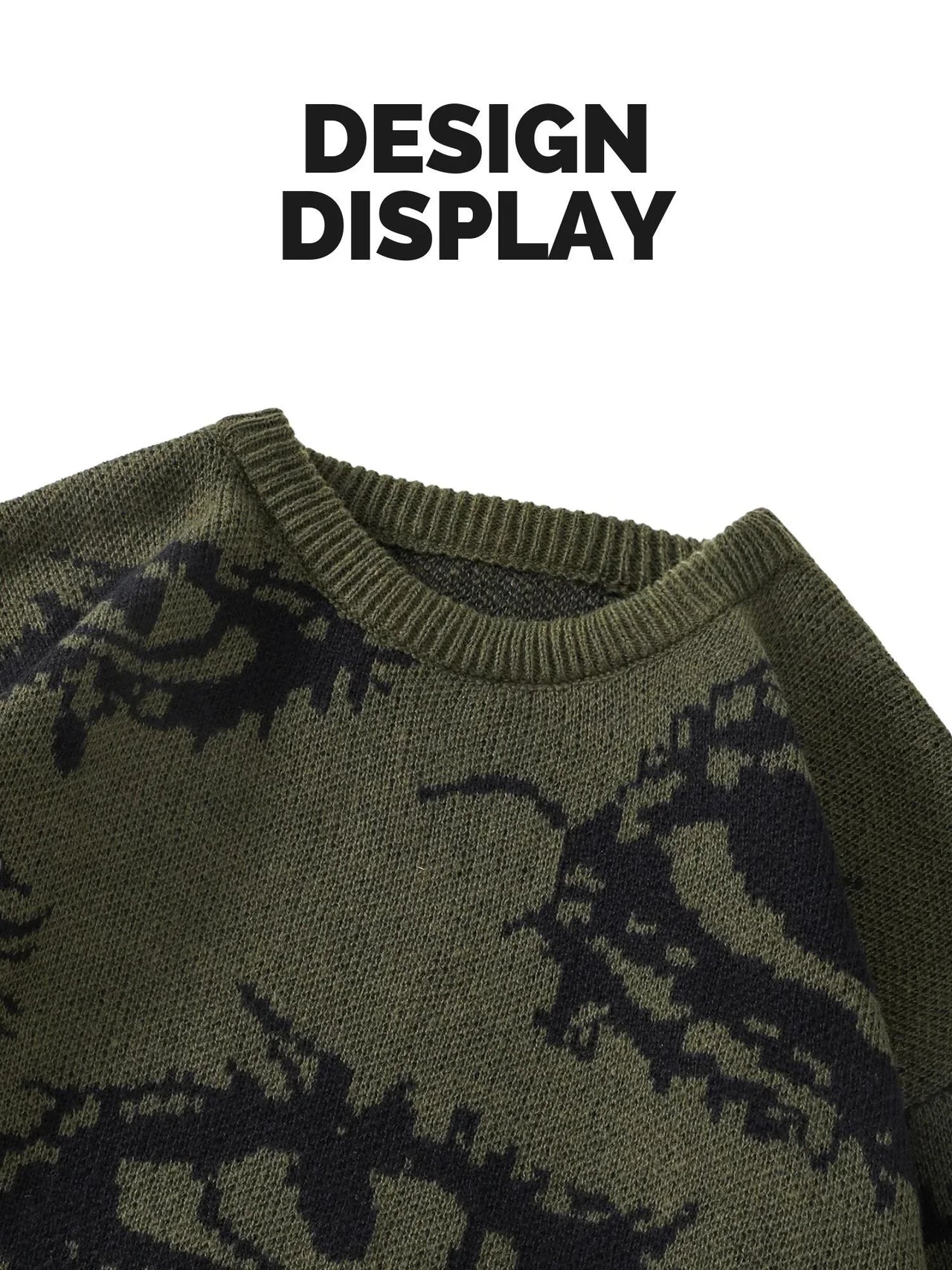Green sweater with black pattern on a white background
