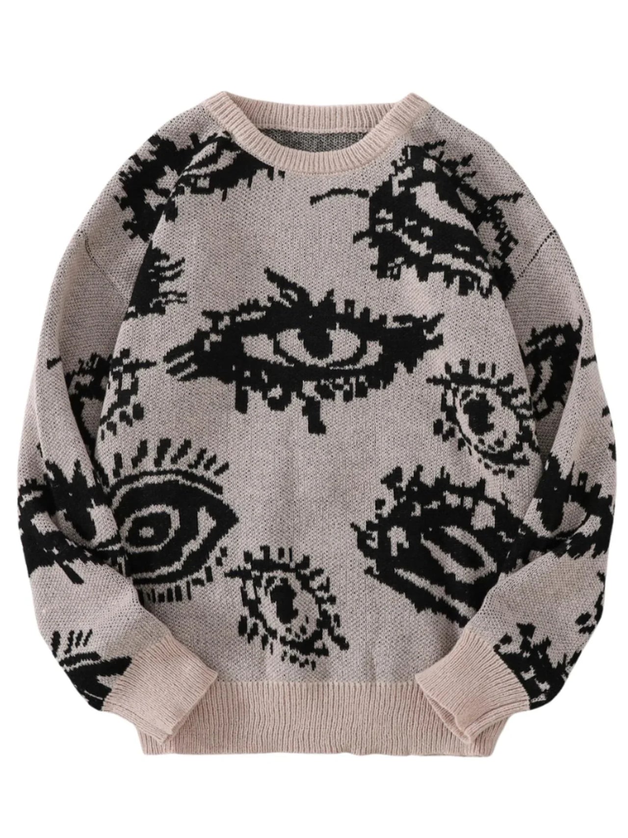 Khaki sweater with black eye pattern on a white background