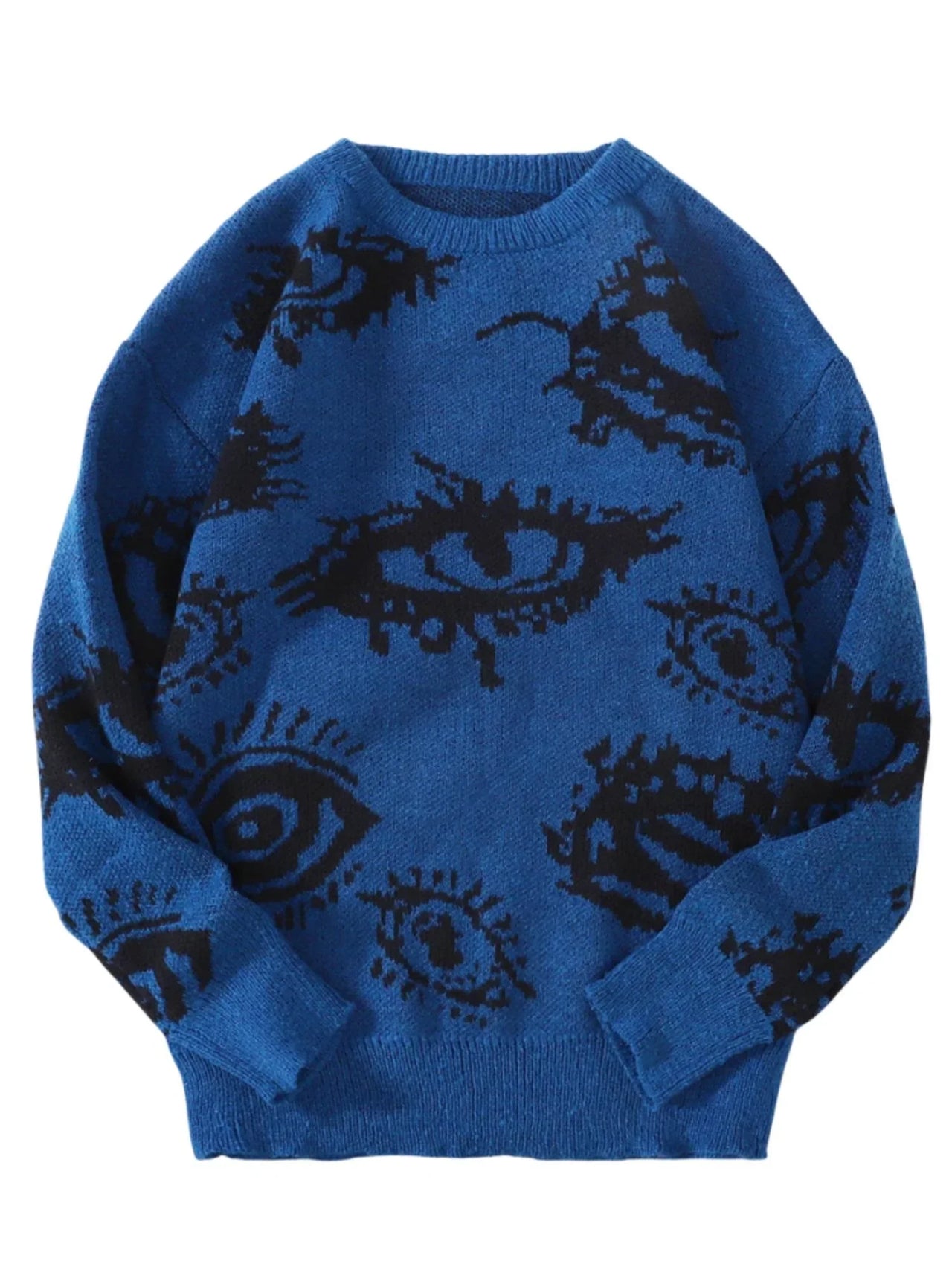 Blue sweater with black eye pattern on a white background