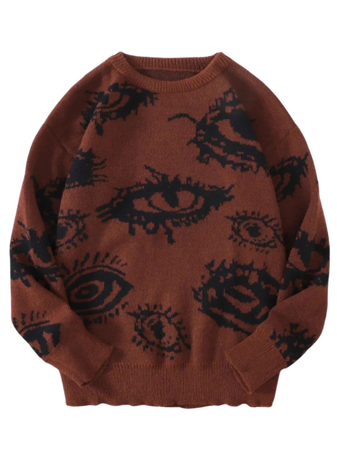 Rust Red sweater with black eye pattern on a white background