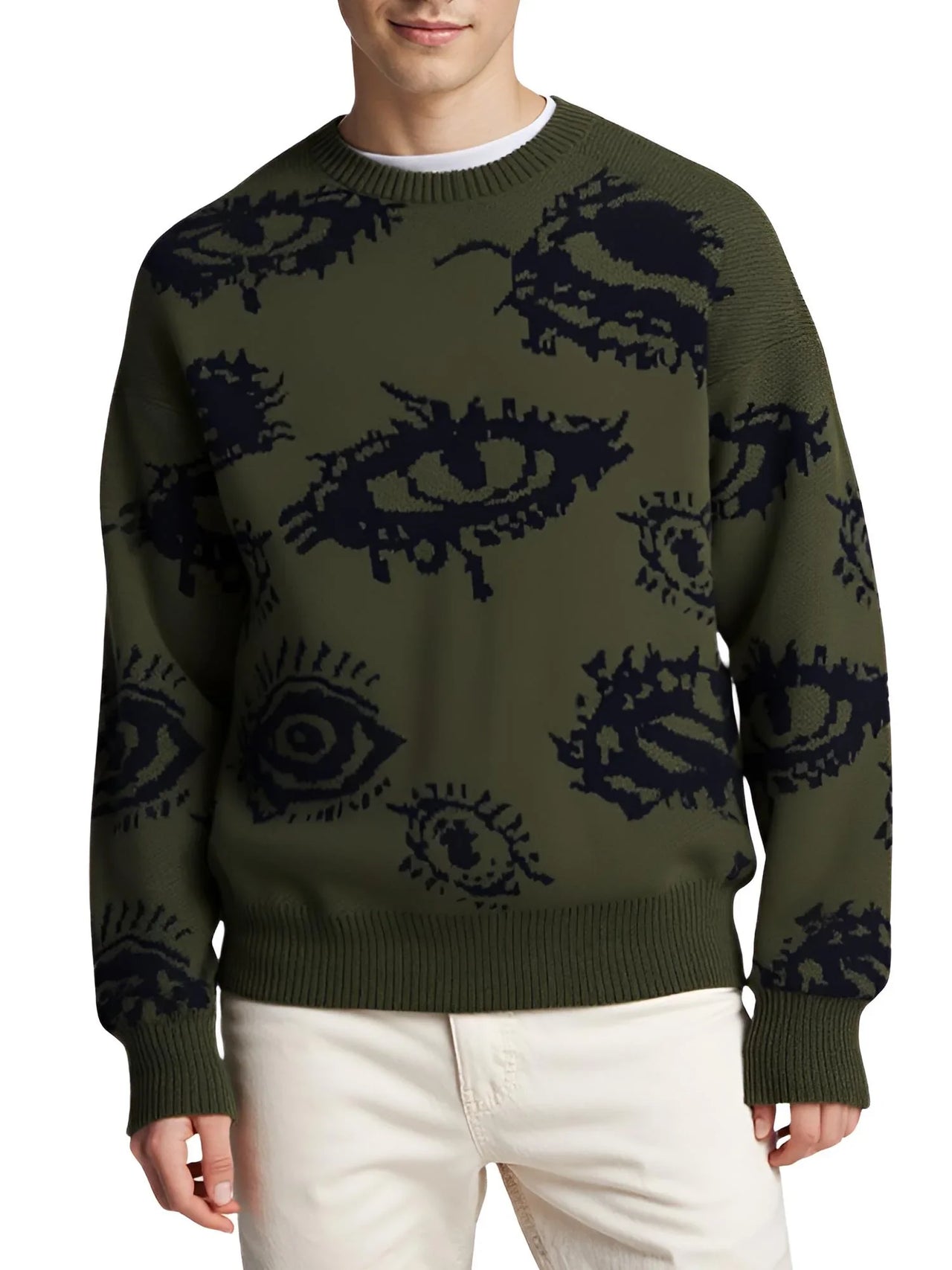 New Popular Men's Abstract Eye Pullover Jacquard Pattern Sweater Casual Round Neck Knitted Men's Pullover