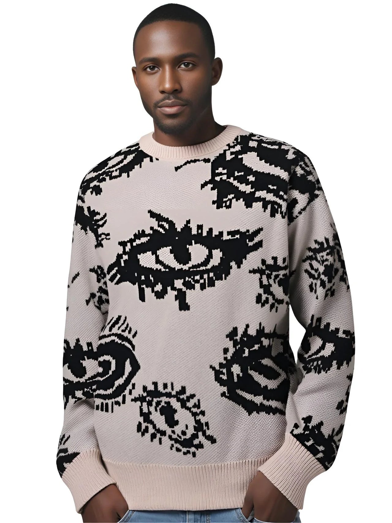 New Popular Men's Abstract Eye Pullover Jacquard Pattern Sweater Casual Round Neck Knitted Men's Pullover, Drestiny, Pullovers, Sweaters, Long Sleeve, S, M, L, XL, XXL, United States, USA, Canada, Australia, New Zealand, United Kingdom, UK, Green, Khaki, Blue, Black, Dark Red, Dark Grey, White, Men's Graphic Sweater, Men's Statement Sweater, abstract print sweater men, men's retro sweater, men's patterned knitwear, men's abstract print jumper, retro men's jumper, shopdrestiny.com