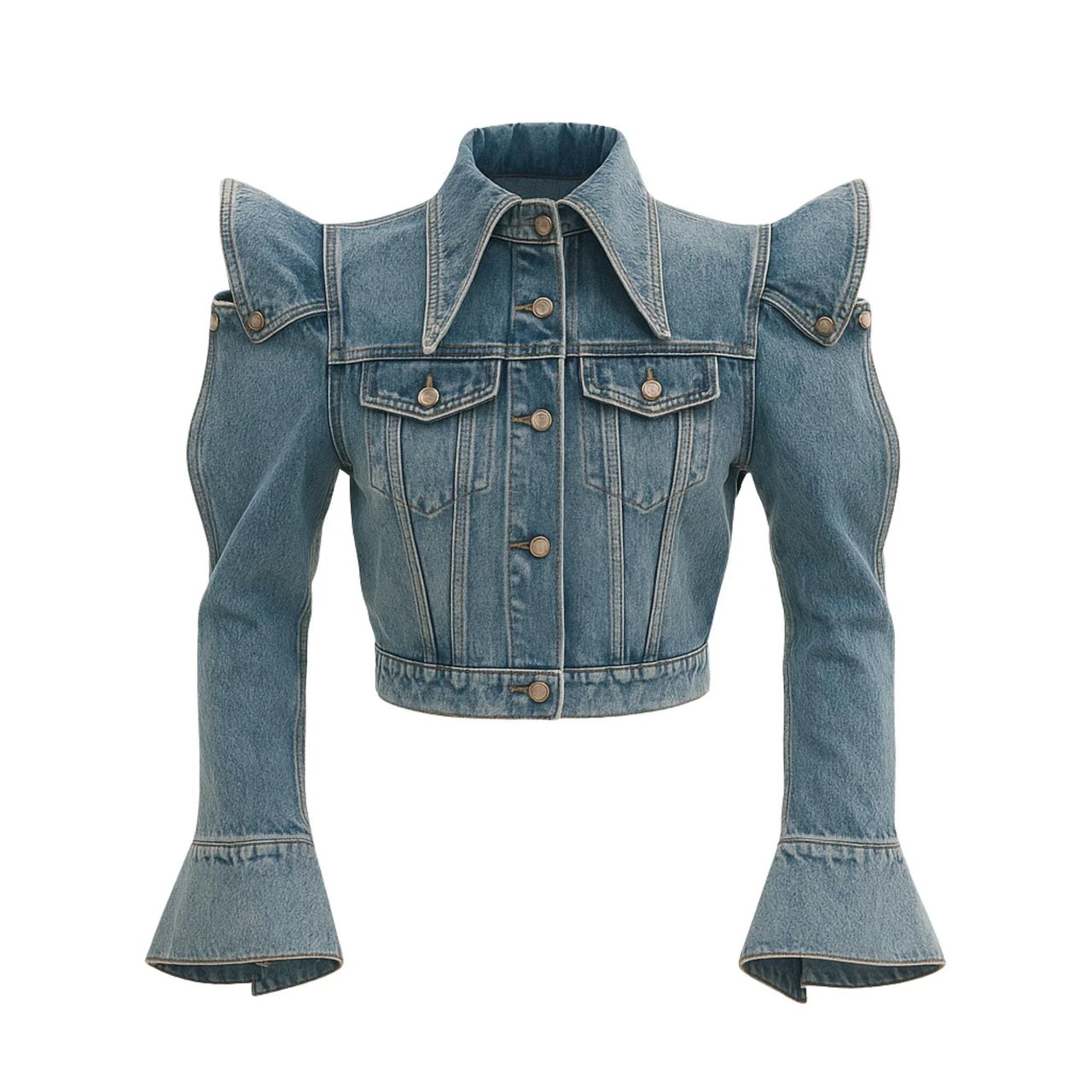 New Trendy Women's Ruffled Edge Shoulder Denim Jacket Autumn Fashion Lapel Long Sleeve Jacket Female
