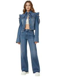 Thumbnail for New Trendy Women's Ruffled Edge Shoulder Denim Jacket Autumn Fashion Lapel Long Sleeve Jacket Female