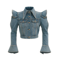 Thumbnail for New Trendy Women's Ruffled Edge Shoulder Denim Jacket Autumn Fashion Lapel Long Sleeve Jacket Female